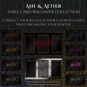 May include: A digital art collection featuring three-card wallpaper designs. The designs include dark backgrounds with colorful accents of red, gold, purple, and blue. Text at the top reads "ASH & AETHER" and "THREE CARD WALLPAPER COLLECTION". The text also says "CONDUCT YOUR RITUALS IN YOUR COLOR OF CHOICE WHILE ORGANIZING YOUR DESKTOP."