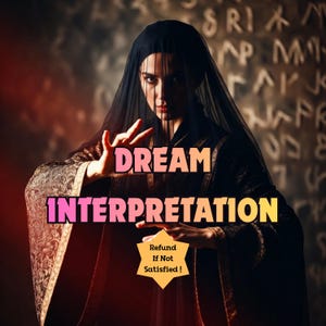 May include: An image featuring a person in dark attire with a black veil, the words "DREAM INTERPRETATION" in large, colorful text, and a star-shaped graphic with the text "Refund If Not Satisfied!" against a blurred background.