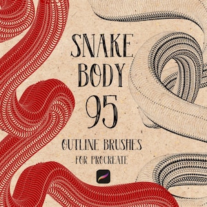 Peut inclure: Illustration numérique avec des formes serpentines rouges et crème sur fond beige. Le texte "SNAKE BODY 95 OUTLINE BRUSHES FOR PROCREATE" est affiché en noir, avec le logo de l'application Procreate.