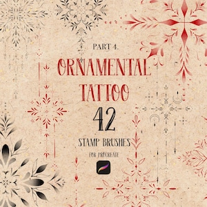 Puede incluir: Gráfico de arte digital con el texto "PART 4. ORNAMENTAL TATTOO 42 STAMP BRUSHES FOR PROCREATE". El diseño presenta pinceles de sellos de tatuajes ornamentales rojos y negros sobre un fondo beige.