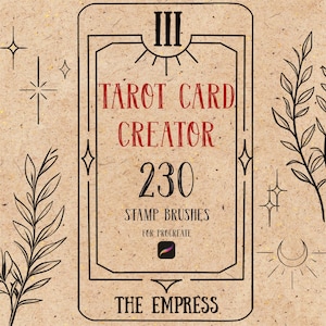 May include: A digital graphic featuring a rectangular frame with the text Tarot Card Creator 230 Stamp Brushes for Procreate and The Empress. The design includes black line art of stars, leaves, and a crescent moon on a textured tan background.