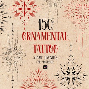 Mega-Set mit 150 dekorativen Tattoo-Stempelpinseln für die Procreate-App. Tattoo-Designpinsel für Procreate. Dekorative Stempelpinsel für Procreate.