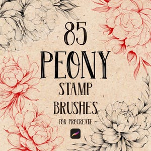 Może przedstawiać: Projekt grafiki cyfrowej z ilustracjami kwiatów piwonii w kolorze czerwonym i czarnym, z tekstem "85 PEONY STAMP BRUSHES FOR PROCREATE" na beżowym tle. Zawiera logo aplikacji Procreate.