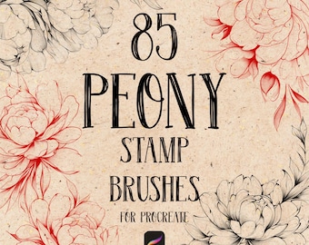 May include: Digital art design featuring peony flower illustrations in red and black, with the text "85 PEONY STAMP BRUSHES FOR PROCREATE" on a beige background. Includes the Procreate app logo.