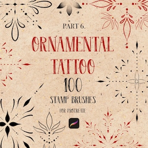 Könnte beinhalten: Digitalgrafik mit ornamentalen Tattoo-Stempelpinseln für Procreate. Das Design umfasst rote und schwarze dekorative Elemente mit dem Text "Ornamental Tattoo 100 Stamp Brushes" auf beigem Hintergrund.