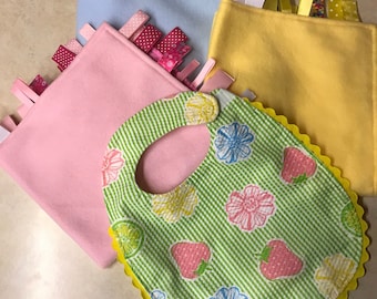 Summer Ribbon Blanket and Bib:  Yellow, Blue or Pink Blanket with Bib of Strawberries and Flowers