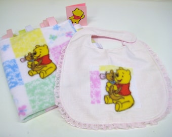 SALE Girl Ribbon Blanket Bib and Card. Pooh and Friends.  Pink Girl gift set