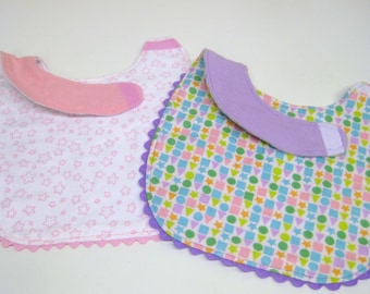 Girl Baby Bib set of 2.  Purple and Pink shapes