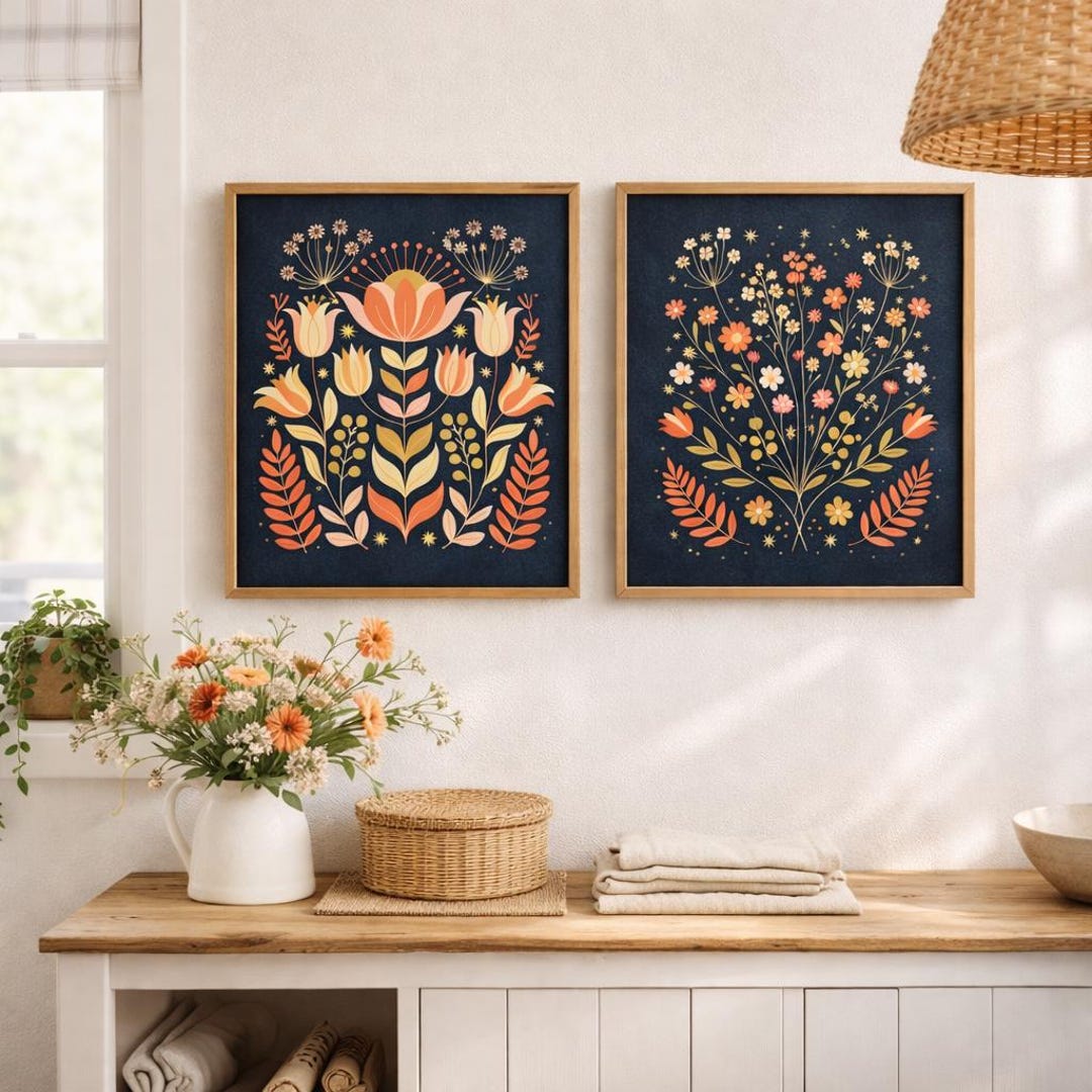 Folk Botanical Wall Art Set of 2, Scandinavian Floral Prints, Cozy ...