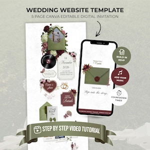 Olive Green & Burgundy Floral Wedding Website Template with RSVP | Editable Canva Invitation, Old Money Style (Digital Download)