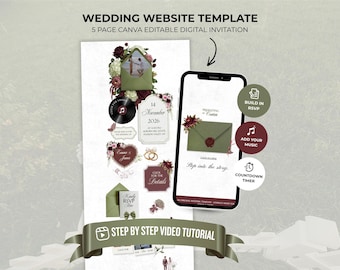 Olive Green & Burgundy Floral Wedding Website Template with RSVP | Editable Canva Invitation, Old Money Style (Digital Download)