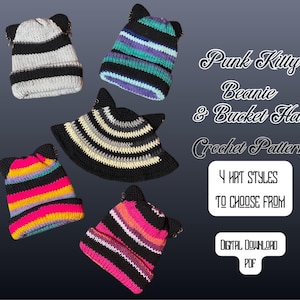 Crochet Pattern 4 in 1 Punk Kitty Pierced Ear Bucket Hat and Beanie *DIGITAL PDF DOWNLOAD*