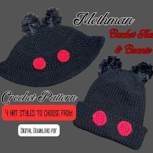 Patrón de ganchillo 4 en 1: Gorro tipo cubo y gorro de Mothman *DESCARGA DIGITAL EN PDF*