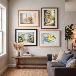 A four-piece printable wall art set in a French country style. The artworks include a sunlit bouquet on a windowsill, a cottage path beside a flower-filled house, an open garden gate framed with pale roses, and a simple still life of lemons on a plate. Each piece uses soft vintage brushwork and a light neutral palette with beige, cream, muted green, warm brown, and gentle yellow, giving the collection a fresh yet timeless countryside character.