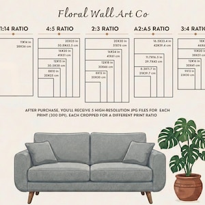 May include: Diagram of print sizes for wall art, including 11x14 in, 20x25 in, and 20x30 in, with corresponding metric measurements. The text "Floral Wall Art Co" is at the top. A sofa and potted plant are in the foreground.
