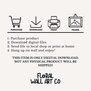 May include: An image with four icons representing purchase, download, print, and frame. Below the icons are instructions: purchase product, download digital files, send file to local shop or print at home, and hang up on wall and enjoy.