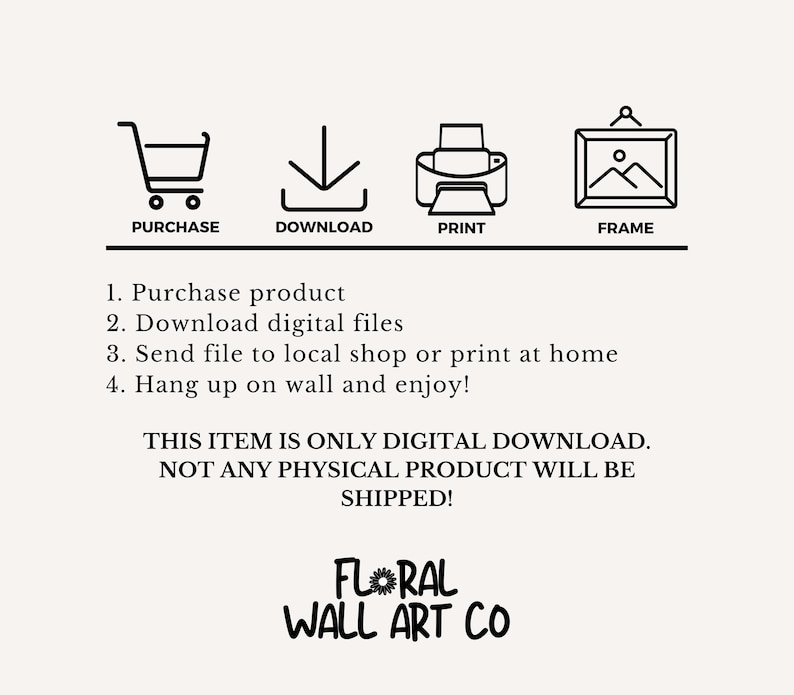 May include: An image with four icons representing purchase, download, print, and frame. Below the icons are instructions: purchase product, download digital files, send file to local shop or print at home, and hang up on wall and enjoy.