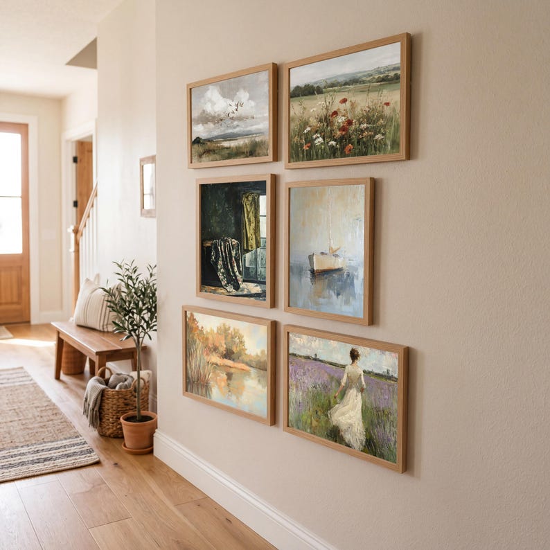A six-piece French country printable art arrangement showing soft vintage landscapes and figure scenes. The artworks include birds flying over a marsh, a poppy meadow landscape, a dark interior with a chair near a window, a minimalist boat on still water, a warm reflective river scene, and a woman walking through a lavender field. The palette blends beige, dusty blue, brown, sage, and muted terracotta for a grounded countryside gallery wall feel.