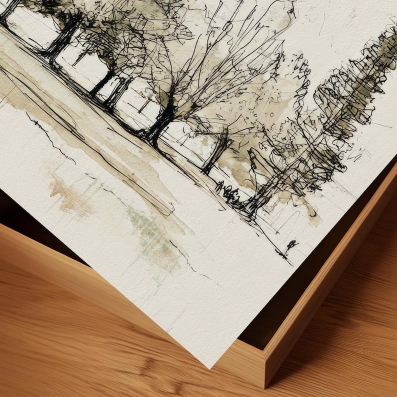 A close detail of a minimal landscape drawing on textured paper, showing slender trees lined across a gentle hillside. The artwork uses loose black ink lines with pale watercolor washes in beige, gray, and soft green. The composition feels airy, understated, and organic, with open negative space and sketch-like movement. It fits the quieter side of the French country printable bundle, where botanical and landscape studies create a collected vintage look.