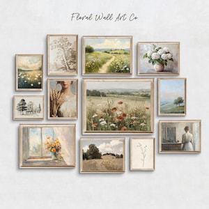 A neutral vintage printable art collection arranged as a French country gallery wall. Visible pieces include soft meadow landscapes, a sepia tree sketch, a winding path through wildflowers, a white hydrangea vase, a minimal tree landscape, a partial portrait of a woman holding wheat, a wide wildflower field, a sunlit floral painting by a window, a rolling field under clouds, a delicate botanical stem, and a quiet interior figure scene.