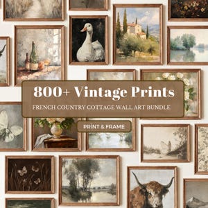 A large French country printable art bundle showing a curated mix of vintage-style paintings and sketches. Visible pieces include a white swan portrait, countryside villa, river landscape, still life with wine bottles and glasses, white roses, butterflies, a highland cow, soft marsh birds, moody trees, and floral studies. The overall palette is warm beige, brown, cream, muted green, and dusty blue, creating a collected neutral gallery wall look.