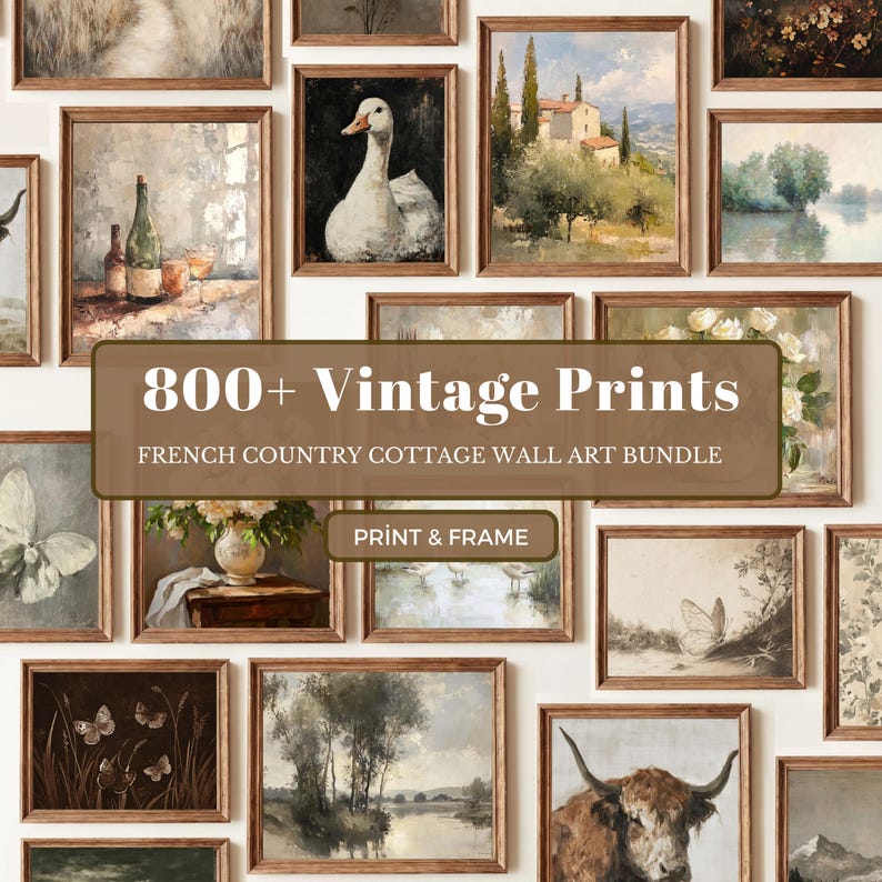 A large French country printable art bundle showing a curated mix of vintage-style paintings and sketches. Visible pieces include a white swan portrait, countryside villa, river landscape, still life with wine bottles and glasses, white roses, butterflies, a highland cow, soft marsh birds, moody trees, and floral studies. The overall palette is warm beige, brown, cream, muted green, and dusty blue, creating a collected neutral gallery wall look.
