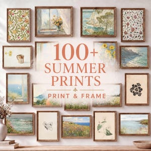 May include: A collection of framed art prints with various summer-themed images, including landscapes, floral patterns, and still life paintings. The text "100+ SUMMER PRINTS" is displayed prominently.