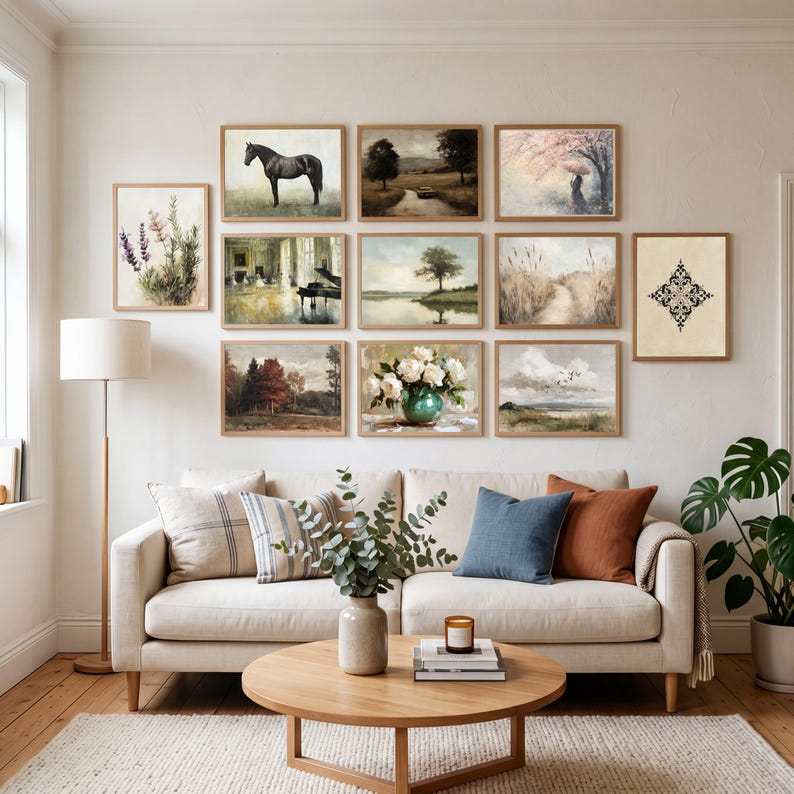 A French country gallery wall bundle featuring a black horse portrait, a country road landscape, a woman beneath a blossoming tree, an elegant piano room interior, a lakeside tree scene, a path through tall grasses, an ornamental black motif print, an autumn woodland landscape, a white rose still life, and birds over a marsh. The artwork mixes soft neutrals, warm browns, sage greens, and muted blues for a refined vintage countryside look.