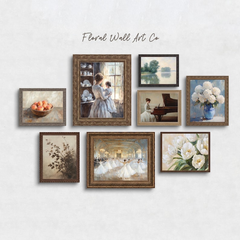 A French country printable gallery set featuring vintage-style still lifes, figures, florals, and landscapes. The visible artworks include a bowl of peaches, a woman holding a child by a sunlit window, a calm river landscape, a seated pianist, blue hydrangeas in a vase, a sepia branch study, dancers in a glowing ballroom, and a close floral painting of white tulips. The art feels romantic and collected, with soft beige, brown, blue, cream, and blush tones.