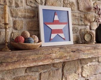Patriotic Wood Star Sign July Fourth Americana Rustic Framed Art Wall Decor Housewarming Gift Red White Blue Independence Day Room Accent
