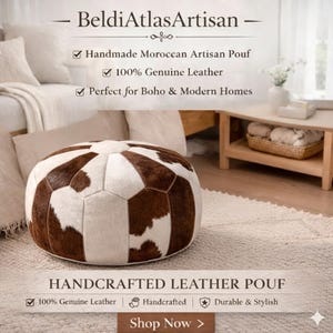 Handgefertigter marokkanischer Rindsleder Pouf | Patchwork Ottomane, Fußhocker, Boho Decor