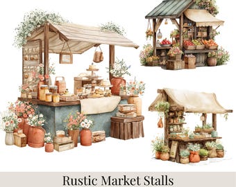 Imágenes prediseñadas de puestos de mercado rústicos: 44 imágenes PNG de mercado de agricultores, panadería, miel, puestos de flores, conjunto de mercado estilo cottagecore.