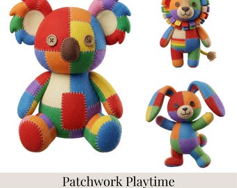 Paquete de imágenes prediseñadas Patchwork Playtime: 58 personajes de peluche arcoíris, animales cosidos en formato PNG, ilustración infantil, arte para guardería.