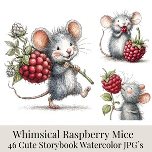 Whimsical Mouse JPG, Raspberry Clipart, Watercolor Woodland Animal, Cozy Nursery Print Bundle