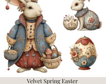 Paquete de imágenes prediseñadas de Pascua de Velvet Spring: 24 imágenes PNG de Pascua, conejitos, huevos, flores, imágenes prediseñadas de primavera en tonos pastel, conjunto de Pascua caprichoso.