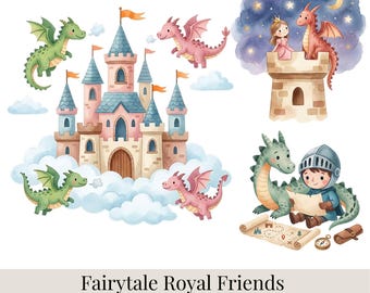 Paquete de imágenes prediseñadas de amigos reales de cuentos de hadas, 53 imágenes prediseñadas de princesas, dragones y caballeros, personajes del reino mágico, PNG de libro de cuentos
