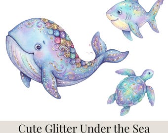 Lindo clipart brillante bajo el mar, animales marinos kawaii, paquete de PNG acuarela