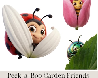 Paquete de 64 imágenes prediseñadas de insectos de jardín, insectos asomándose detrás de las flores, PNG digital