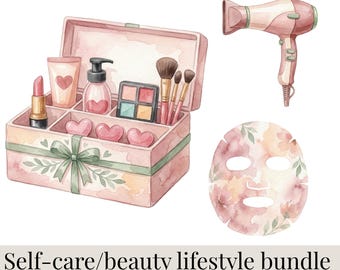 Paquete de imágenes prediseñadas de autocuidado y belleza, spa para el cuidado de la piel, herramientas para el cabello, imágenes prediseñadas de cosméticos, baño acogedor, 196 PNG, uso comercial