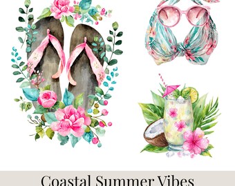 Paquete de imágenes prediseñadas con ambiente veraniego costero: 84 imágenes PNG de playa, toallas, sandalias, guitarra, verano y estilo tropical. Uso comercial.