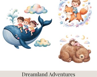 24 imágenes prediseñadas de Dreamland Adventures, niños soñadores en el cielo, niños caprichosos con luna, nubes y ballena, imágenes prediseñadas mágicas para guardería, PNG de fantasía