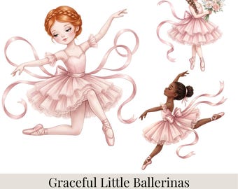 Paquete de imágenes prediseñadas Little Ballet Dreams, 36 imágenes PNG de bailarinas, pegatina de bailarina con tutú rosa, imágenes prediseñadas de princesas de ballet