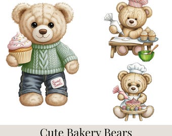 Imágenes prediseñadas de osos panaderos: 28 imágenes PNG de osos de peluche horneando, osos pasteleros, imágenes prediseñadas de postres, uso comercial.