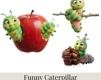 Paquete de 53 imágenes prediseñadas de orugas, imágenes PNG de insectos en 3D para la vida diaria, descarga digital.