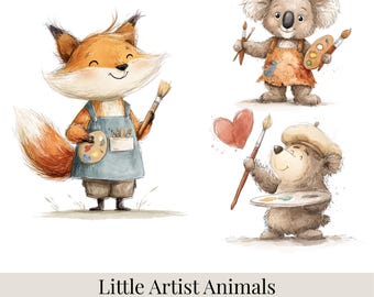 24 imágenes prediseñadas de animales para pequeños artistas, imágenes PNG de amigos pintando, imágenes prediseñadas de conejos, zorros, osos, koalas y puercoespines, pegatinas creativas del bosque