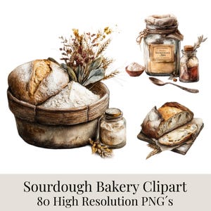 May include: Watercolor illustration of sourdough bakery elements. Includes a loaf of bread, a basket of flour, jars, and a wooden spoon. The image has a rustic, vintage aesthetic, with a neutral color palette and the text "Sourdough Bakery Clipart".