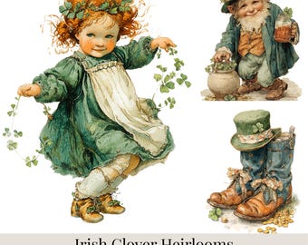 Reliquias de trébol irlandeses: 24 imágenes PNG de duendes de acuarela vintage, estilo libro infantil antiguo, arte de trébol del Día de San Patricio