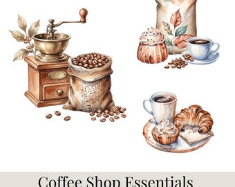 Paquete de imágenes prediseñadas de café, tazas de café para llevar, granos de café, molinillo de café, elementos de cafetería, imágenes prediseñadas de cafetería, PNG para uso comercial