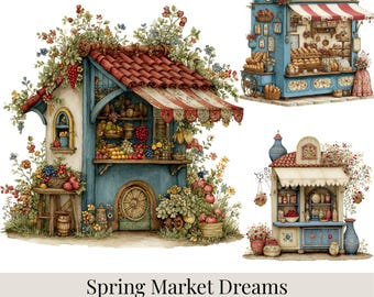 Paquete de imágenes prediseñadas "Sueños de Mercado de Primavera": 32 puestos de mercado florales en formato PNG, panadería, flores, mercado artesanal, imágenes prediseñadas de primavera con un toque caprichoso.
