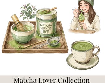 Paquete de imágenes prediseñadas de matcha, 100 imágenes PNG de bebidas, postres, café y frases para chicas. Uso comercial.
